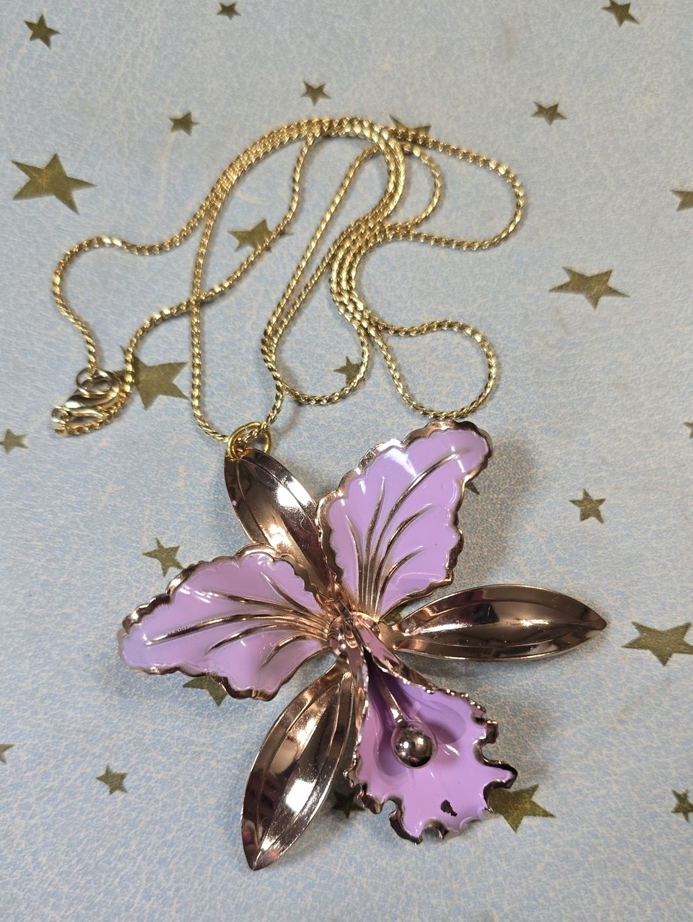 Orchid Iris Pendant Necklace in Lilac Purple Enamel & Gold Tone